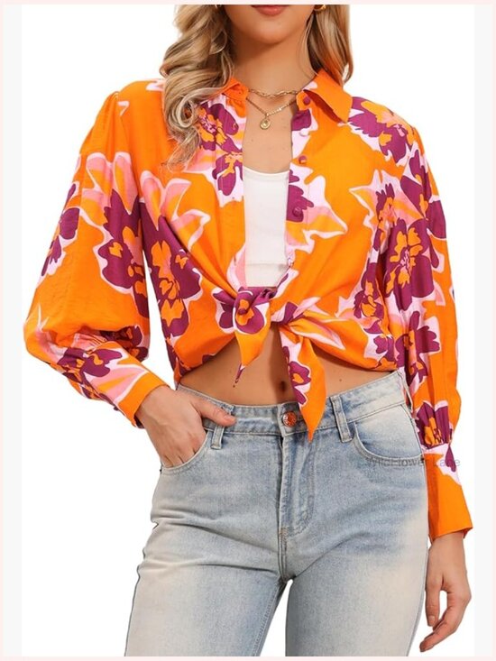 Tops - Boho Floral Blouse, Lantern Long Sleeve Button Down Shirt